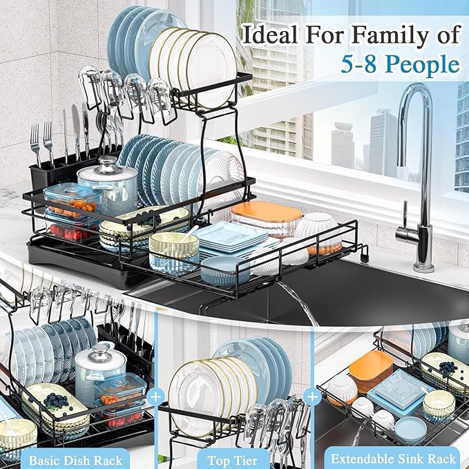 2 Tier Dish Drying Rack, Large Extendable Dish Racks for Kitchen Counter or Over Sink, Dishrack with Drainboard, 2-in-1 Anti-Rust Stainless Steel Dish Drainer with Utensil Holder & Cup Holder (Black)