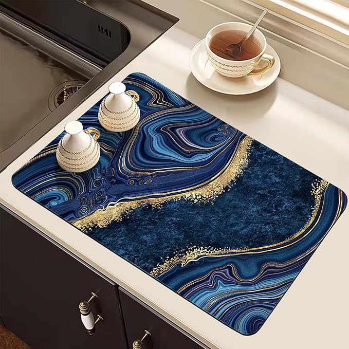 Dish Drying Mat for Kitchen Counter, Blue Marble and Golden Veins Washable Absorbent Quick Dry Pad with Rubber Backing, Draining Mat for Dishes Coffee Table, 12" x 20"