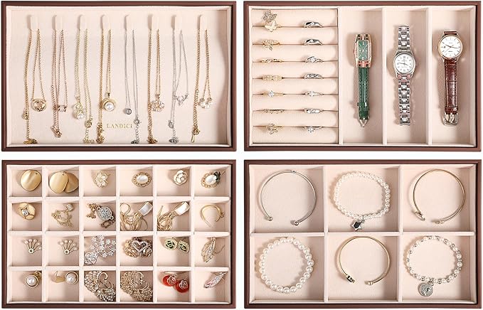 Stackable Jewelry Organizer Trays 4 Set, Coffee