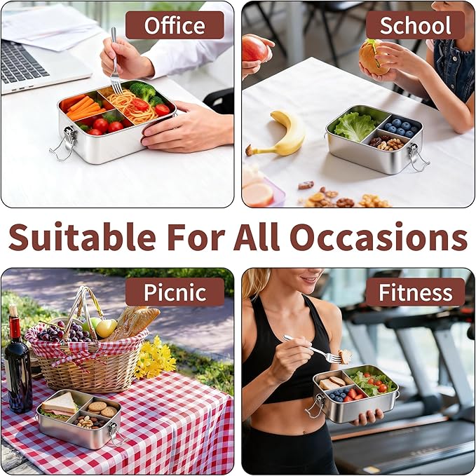 TeamFar 2 Pack Stainless Steel Bento Box, 28 & 47oz Metal Lunch Box with 3 Compartments for Adults/Kids, Lunch Food Containers for School/Work/Meal Prep, Leak-Proof & Dishwasher Safe, 850ML+1400ML