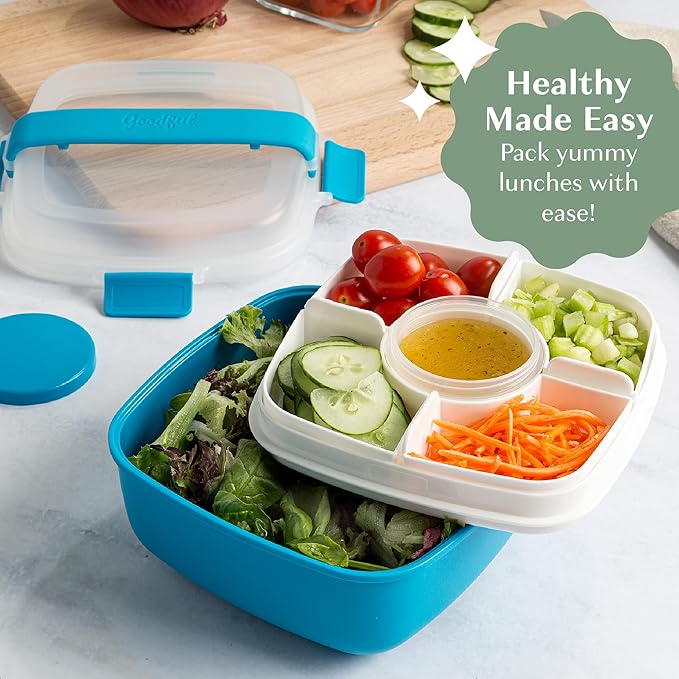 Goodful Stackable Lunch Box Container, Bento Style Food Storage with Removeable Compartments for Sandwich, Snacks, Toppings & Dressing