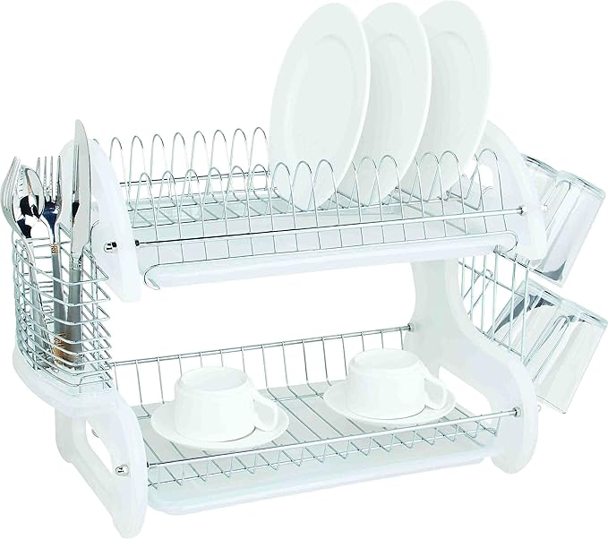 Home Basics Plastic 2-Tier Dish Drainer Rack, Air Drying and Organizing Dishes, Side Mounted Cutlery Holder, White