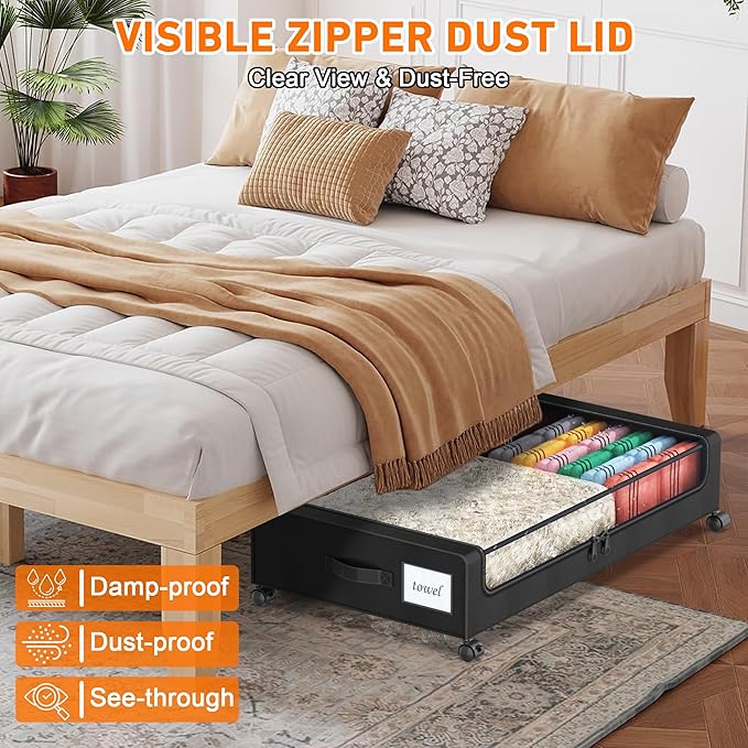 Under Bed Storage with Wheels, 4 Pack Under Bed Storage Containers with Dividers & Clear Lids, XXL 65L Under the bed storage Organizer Bins