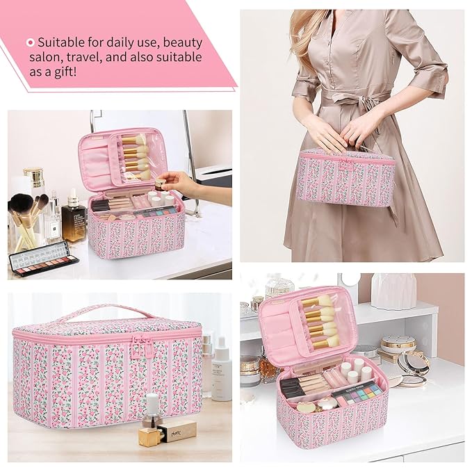 OCHEAL Makeup Bag for Women - Travel Cosmetic Organizer with Brush Slot & Divider, Large Capacity Toiletry Bag for Girls, Travel Makeup Case for everyday Make up Accessories -Pink Floral