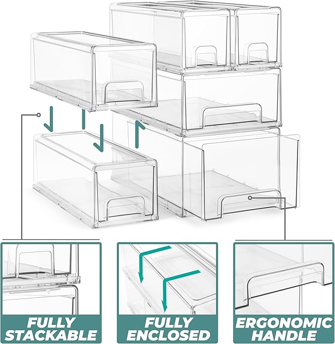 Sorbus 1 Large & 2 Small Clear Stackable Storage Drawers – Plastic Organizer Bins with Handles – Stackable Pull-Out Storage Drawers for Closet, Pantry, Office, Bathroom, Craft, and Toy Organization