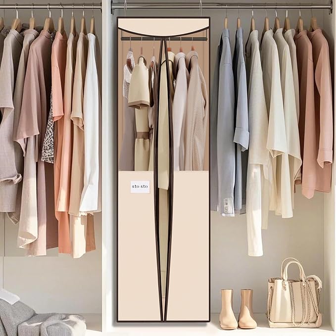 STO STO 2 Pack Garment Bag for Hanging Clothes Closet, Hanging Garment Cover with Built-in Steel Hanging Rod, Hanging Wardrobe Storage Bag for Suit, Dress with Clear Window, Zipper, ID Card, Beige
