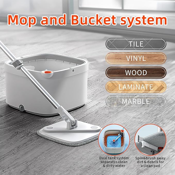 KZKR Spin Mop and Bucket Set with Self Separation Dirty and Clean Water System, Self Wringing 360° Rotating Square Mop Head for Home Floors Cleaning (1.0 Mop and Bucket Set (8 Pads))