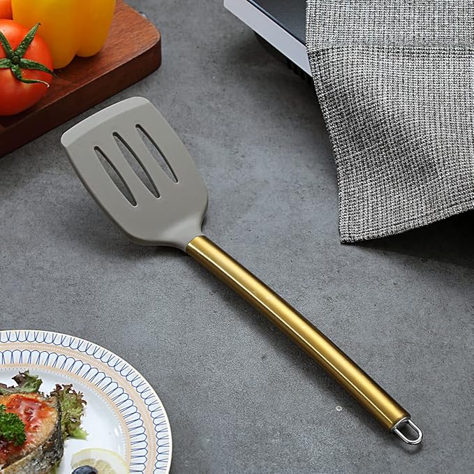 Berglander Non-stick Silicone Slotted Turner with Titanium Gold Plated Handle for Cooking, Dishwasher Safe, Easy to Clean
