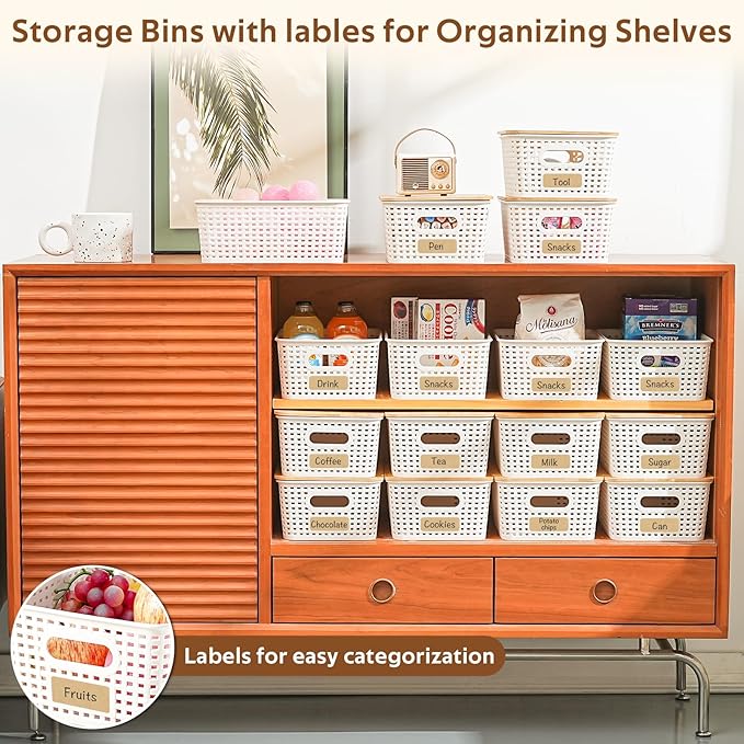 8 Pack Plastic Storage Bins with Bamboo Lids - Stackable Storage Baskets with Handle for Pantry Organizer and Storage
