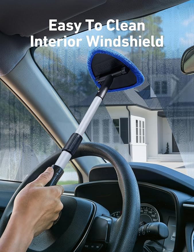 AstroAI 32" Windshield Cleaner Tool, Car Interior Window Detailing Cleaning Kit with Extendable Handle and 4 Easy-to-Install Reusable Microfiber Pads