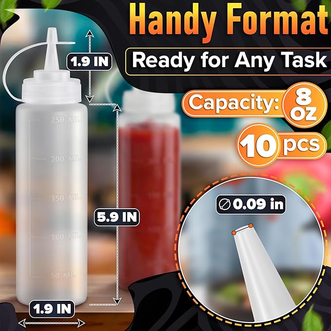 10-Pack Plastic Condiment Squeeze Bottles 8 oz – Refillable Leak-Resistant Squirt Bottles with Narrow Tip | Great for Oil, Sauces, Ketchup, Mayonnaise, Syrup, Dressing, BBQ, & Pantry Organization
