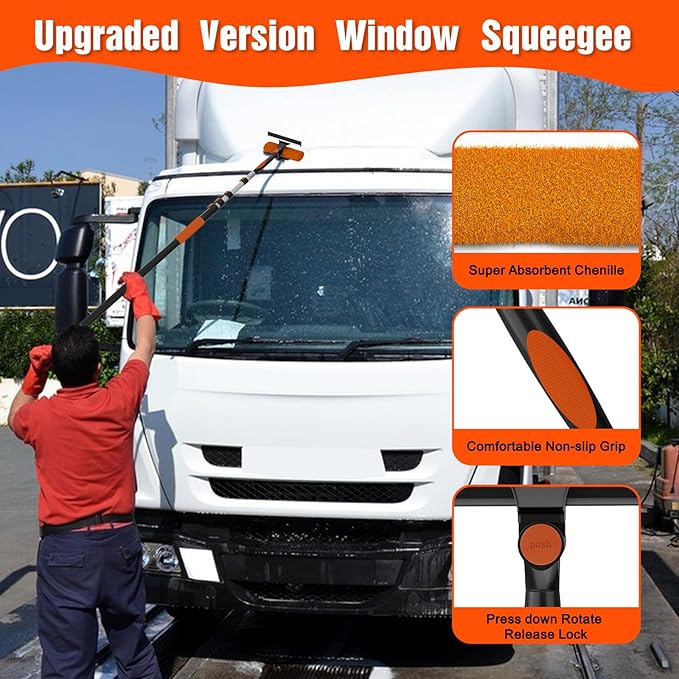 16FT Reach Window Squeegee Kit with Extension Pole, 2-in-1 Professional Washer for High Windows, 3-12FT Adjustable Reach