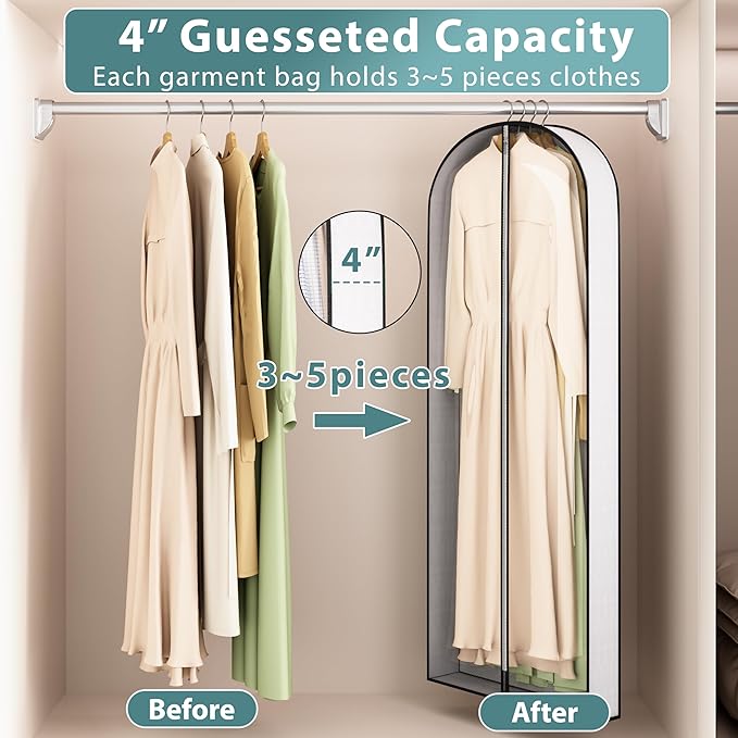 Liuoud 60” Garment Bags for Hanging Clothes 4” Gusseted - with Clear Window, Breathable Fabric, Metal Zipper, Suit Coat Long Dress Protector for Clothes Closet storage, Season Off, Moving, 5 Pack