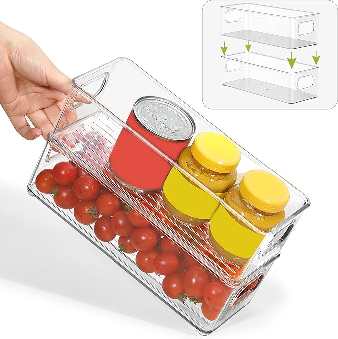 Stackable Plastic Food Storage Bin with Handles for Kitchen Pantry, Cabinet, Refrigerator, Freezer - Organizer for Fruit, Yogurt, Squeeze Pouches