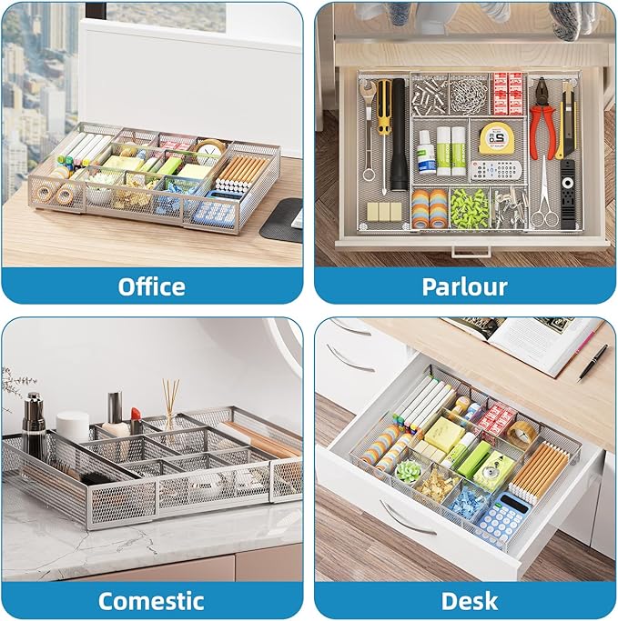 Marbrasse Expandable Desk Drawer Organizer, Mesh Tray with 10 Adjustable Compartments, Desk Organizers for Office Supplies, Makeup & Vanity (Expandable-Silver)