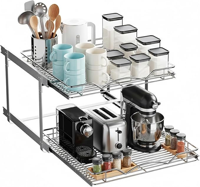 2-Tier Pull-Out Cabinet Organizer with Heavy-Duty Steel Frame, Full-Extension Sliding Shelves, Holds 100 lbs, Easy Install for Kitchen