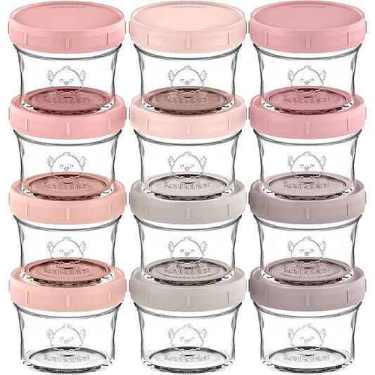 KeaBabies 12pk 4oz Glass Baby Food Containers with Lids - Leak-Proof, Microwavable Small Glass Jars, Baby Purees & Toddler Snack Storage Containers