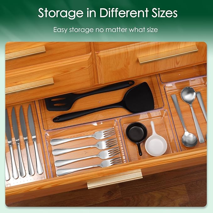 Criusia Drawer Organizer Set, Acrylic Non Slip Non Cracking Kitchen Drawer Storage Tray Large Size Divider, Multifunctional Storage for Cosmetics, Bathroom, Tools, Kitchen and Office (8 PACK)