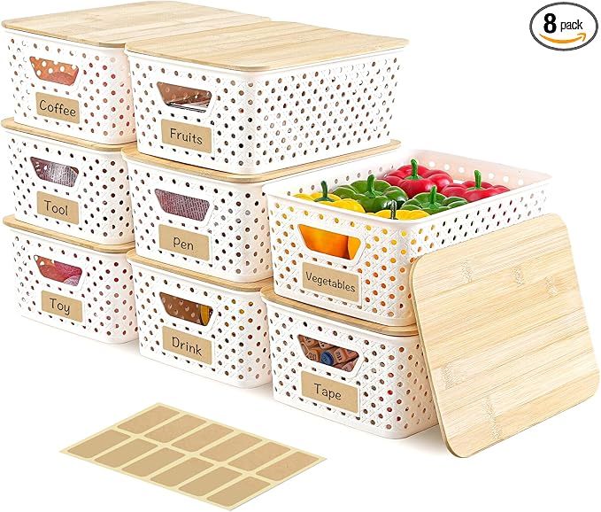 8 Pack Plastic Storage Bins with Bamboo Lids - Stackable Storage Baskets with Handle for Pantry Organizer and Storage