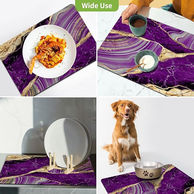 Dish Drying Mat for Kitchen Counter, Purple Marble Gold Agate Design, Washable Absorbent Quick Dry Pad with Rubber Backing, Draining Mat for Dishes Coffee Table, 16" x 24"