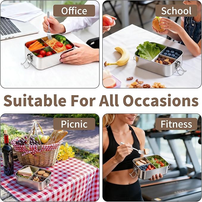 TeamFar 2 Pack Stainless Steel Bento Box, 47oz Metal Lunch Box with 3 Compartments for Adults/Kids, Lunch Food Containers for School/Work/Meal Prep