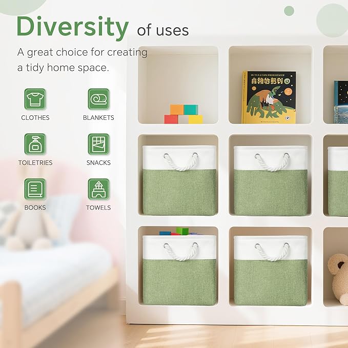 FinishingBo Fabric Cubes Storage Basket, 6 Pack 11x11 in with Handles Cube Storage Bins, for Shelves, Home, Office Organizers (White/ Green)