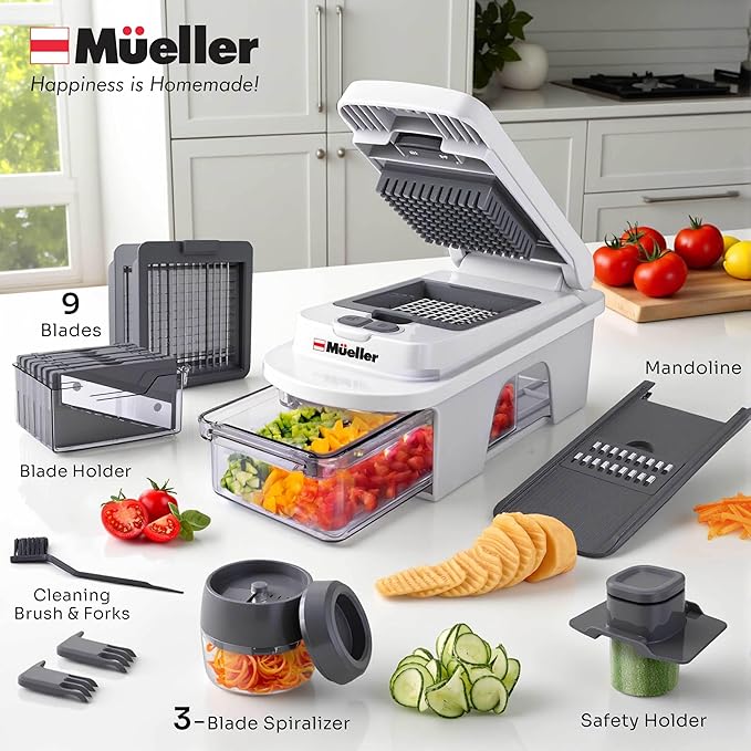 Mueller Pro-Series All-in-One, 12 Blade Mandoline Slicer for Kitchen, Food Chopper, Vegetable Slicer and Spiralizer, Cutter, Dicer, Grater, Kitchen Gadgets Sets with Container, White Sand/Gray