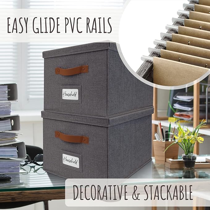 ZICOTO Decorative File Organizer Box Set of 2 - Collapsible Linen Filing Cabinets w/Handles Are Perfect to Store all Your Documents & Hanging File