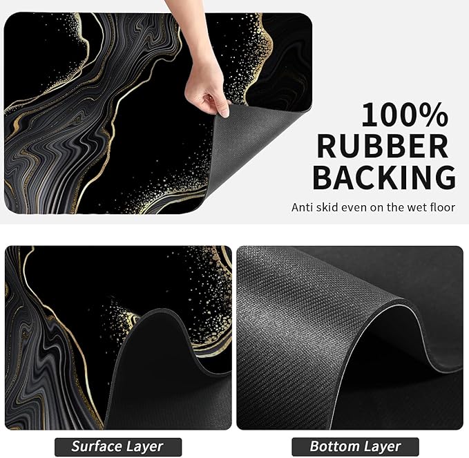 Dish Drying Mat for Kitchen Counter, Black and Gold Marble Design, Washable Absorbent Quick Dry Pad with Rubber Backing, Draining Mat for Dishes Coffee Table, 16" x 24"