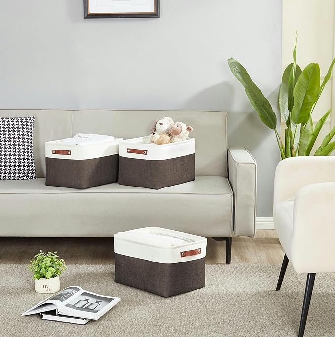 Storage Bins, Large Fabric Storage Baskets for Shelves, Brown & White, 4 Pack