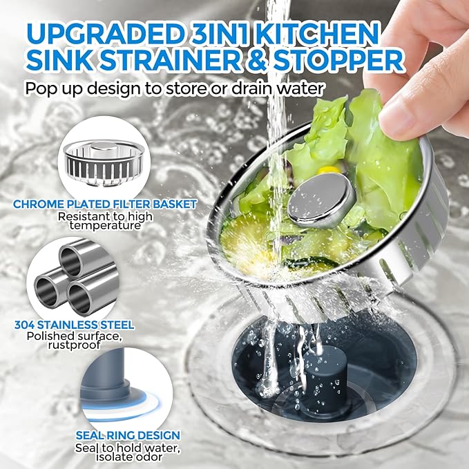 zaa Kitchen Sink Drain Strainer - Kitchen Sink Stopper, 304 Stainless Steel Sink Drain Stopper, Sink Protector for Kitchen with Anti-Clog Filter