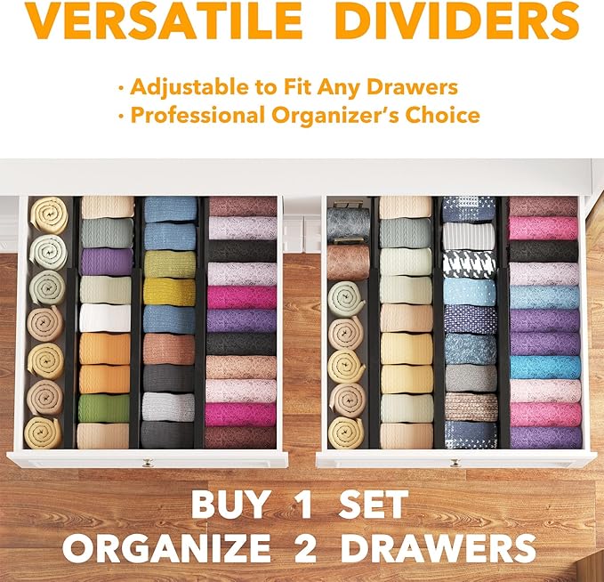 SpaceAid Bamboo Dresser Drawer Dividers 6 Pack, 4.65“ High Adjustable 12.5“-17” Drawer Organizers, Expandable Organization for Clothing, Clothes