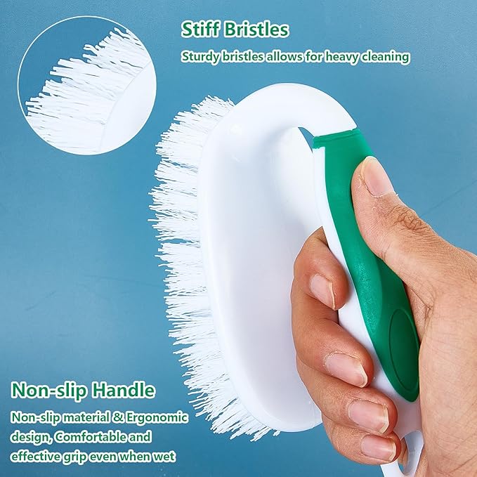 Scrub Brush Set, 4 Pack Deep Cleaning Brush Kit - 2 Scrub Brush, 2 Tile & Grout Brush with Built-in Scraper, Household Commercial Scrubber for Floor, Shower, Pool Wall, Tub (Green)