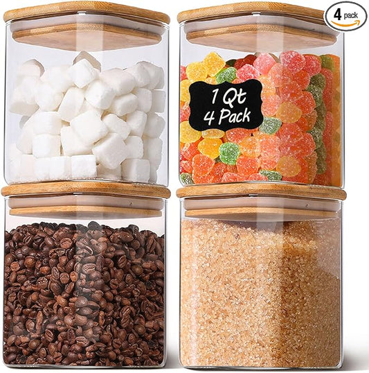 1Qt Airtight Glass Canisters with Bamboo Lid, Square Pantry Storage Containers for Coffee, Cookie, Candy, Snack, Nuts, Dry Goods - Kitchen & Pantry Organizers and Storage Containers 4 pack