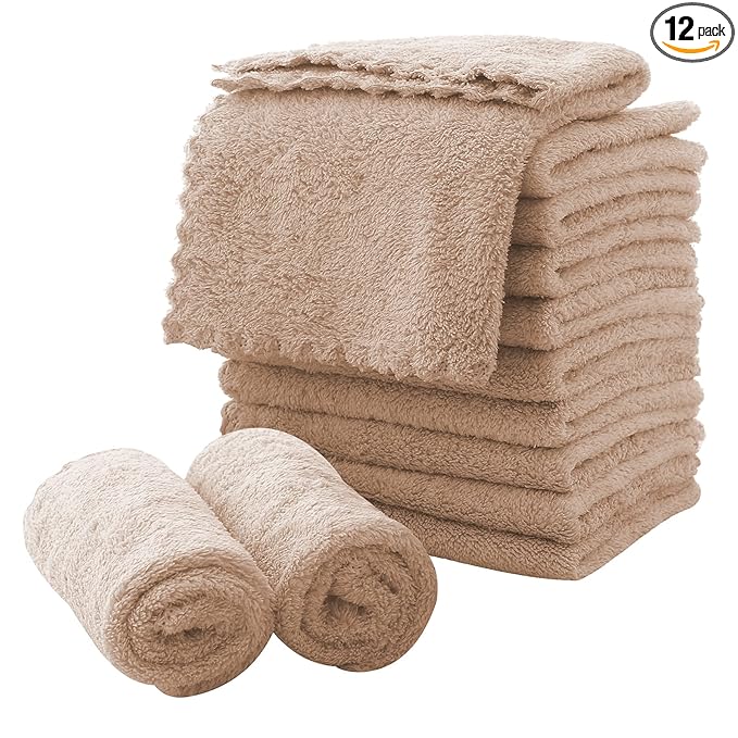 MOONQUEEN Microfiber Facial Cloths Fast Drying Washcloth 12 Pack - Premium Soft Makeup Remover Cloths - Brown