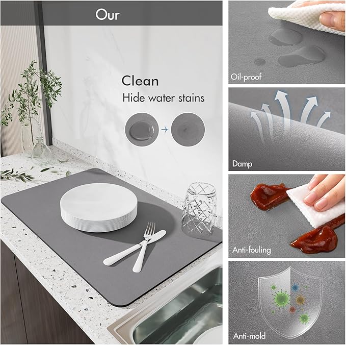 Drying Mat for Kitchen Countertops, Coffee Mat Hide Stain Rubber Backed Absorbent Dish Drying Mat