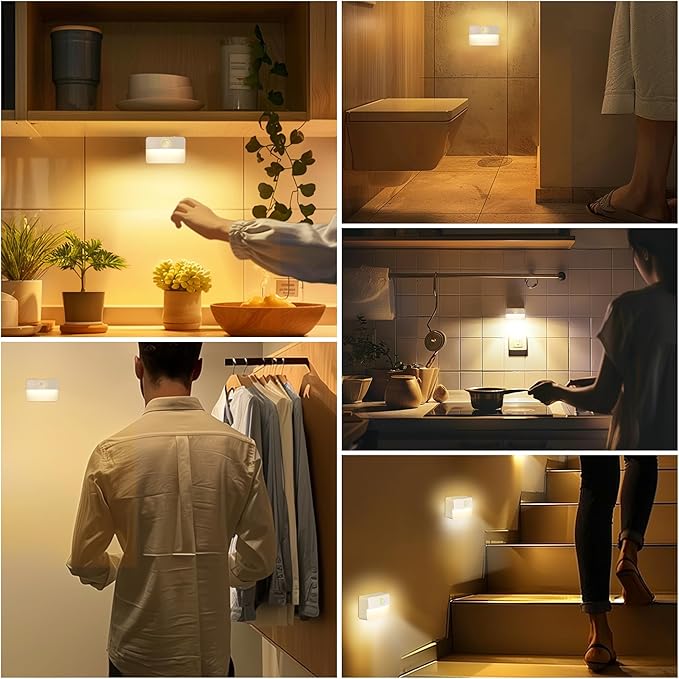 6 Pack Rechargeable Motion Sensor Stair Lights Indoor, Automatic Activated LED Night Light Wireless Battery Powered Portable Hallway Step Toilet Closet Lamp for Bedroom Kitchen ﻿