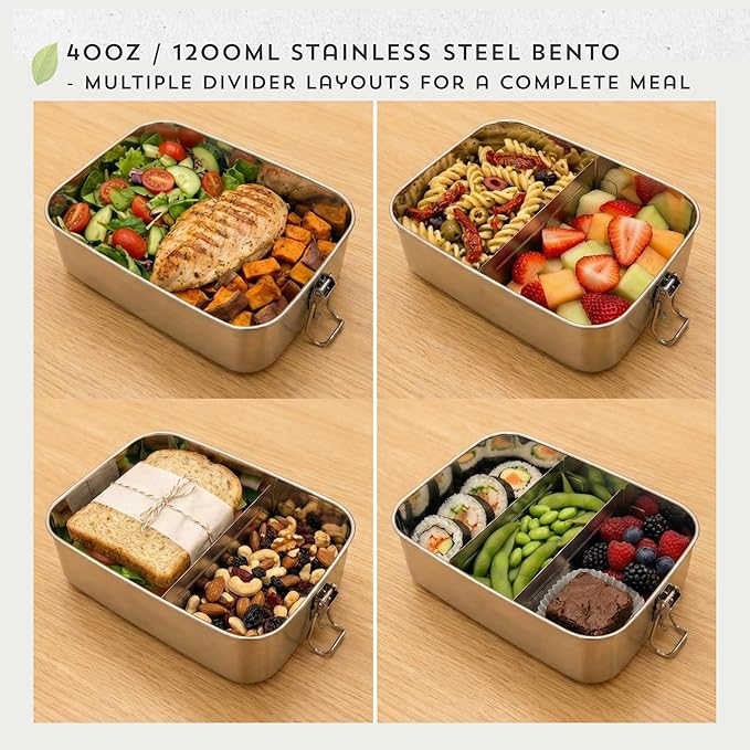 RESORA 40oz 18/8 Food-Grade Stainless Steel Bento Lunch Box for Adults, Leak-Proof, Reusable Stainless Steel Lunch Container with Secure Sealing Lid, 2 Removable Dividers, Work & Travel Meal Prep