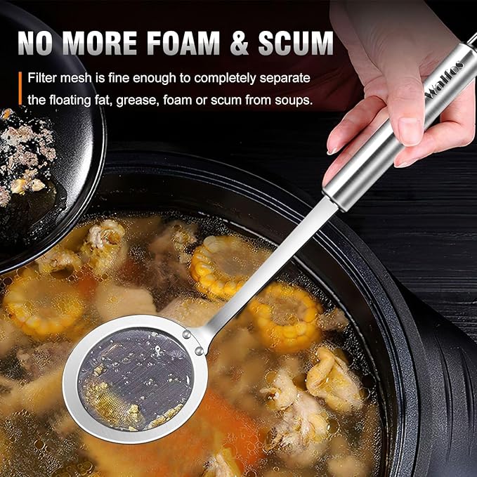 Walfos Skimmer Spoon,304 Stainless Steel Fine Mesh Strainer,Foam Strainer Oil Filter,Ultra Fine Mesh Strainer Perfect For Separation Of The Floating Foam,Fat,Set fo 2