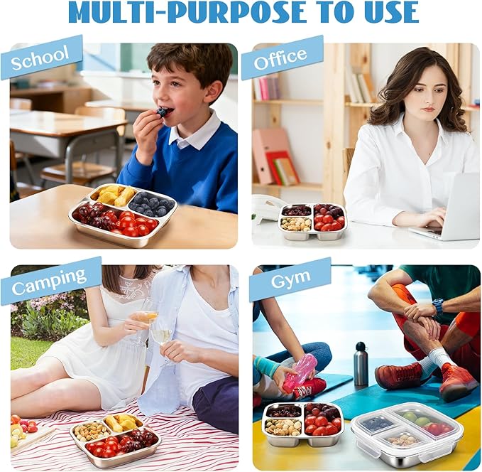 2 Pack Stainless Steel Snack Containers, 3 Compartments Reusable on the go Bento Box with Lids for Kids, Lunch Box Pre Meal Storage for School Office Outdoor Camping Travel - White & Blue