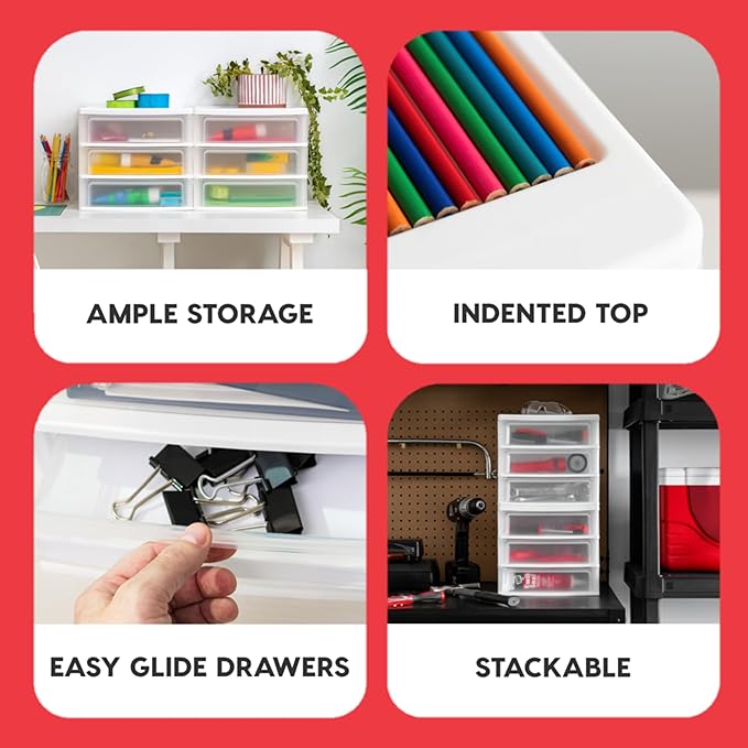 IRIS USA Plastic Stacking Desk Top 3-Drawer Storage Organizer, 2-Pack