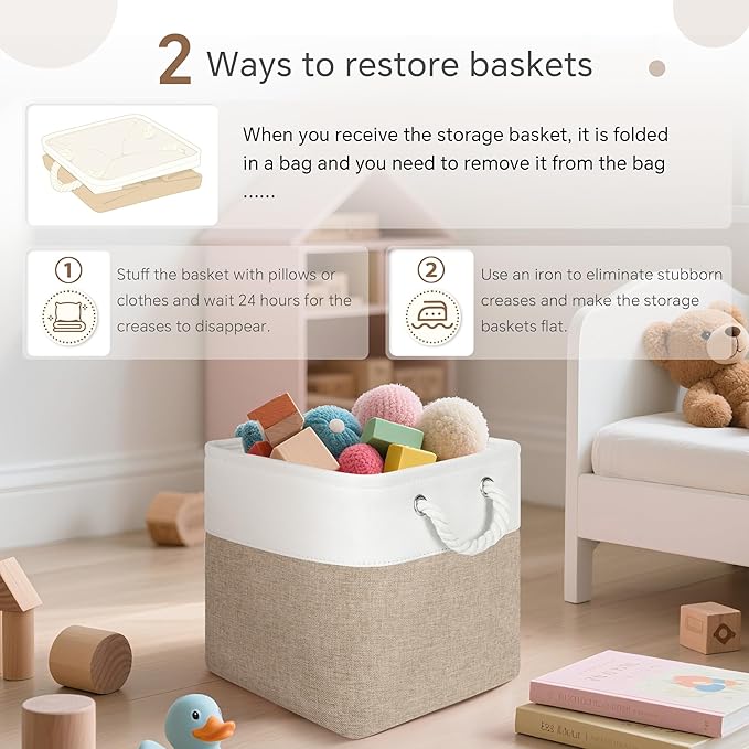 FinishingBo Fabric Cubes Storage Basket, 6 Pack 11x11 inch with Handles Cube Storage Bins, for Shelves, Home, Office Organizers (White/Khaki)