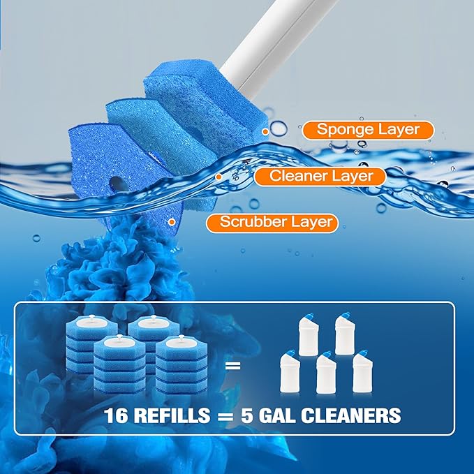 NEWE Disposable Toilet Brush Cleaner Refills 16 Packs, Compatible with Upgraded Clamping Wand System, Bathroom Bowl Cleaning Replacement Heads for Sink Bathtub Wash Basin Mop Pool