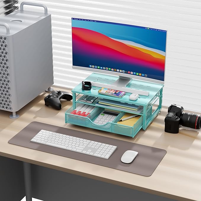 Computer Monitor Stand Riser, Office organizer with Drawer, Blue