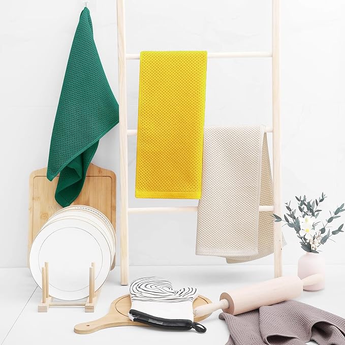 Homaxy 100% Cotton Waffle Weave Kitchen Dish Towels, Ultra Soft Absorbent Quick Drying Cleaning Towel, 13 x 28 Inches, 6-Pack, Dark Green
