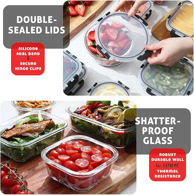 EATEX 24pc Glass Storage Containers with Lids, 12 Set Glass Food Storage Containers with 12 Airtight Lids, Pantry Kitchen Meal Prep Containers for Lunch, Freezer Storage Containers, Oven Safe