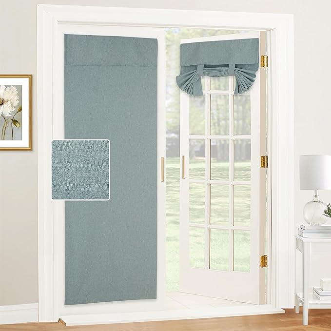RYB HOME Linen Blended French Door Shades Self Adhesive, Privacy Room Darkening Glass Door Window Curtains for Kitchen Patio Sidelight Curtain Tie Up Shade Wide 30 x Long 69 inch 1 Pc Stone Blue