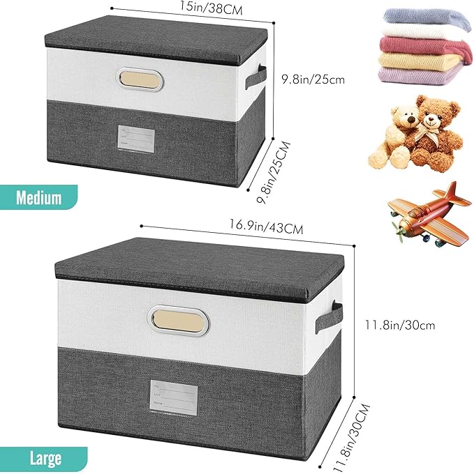 Large Linen Fabric Foldable Storage Bins with Removable Lid and Handles, Washable Storage Box Organizer Containers Baskets Cube with Cover for Bedroom