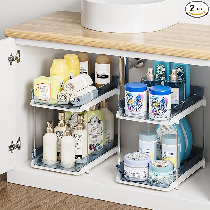 Delamu 2-Tier Multi-Purpose Bathroom Under Sink Organizers and Storage, Stackable Kitchen Pantry Organization