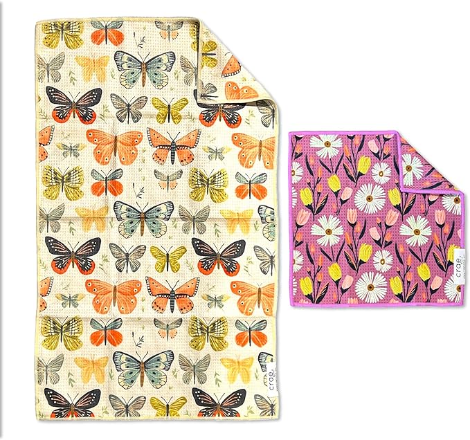 Microfiber Hand Towel & Washcloth Set of 2 - Double-Sided, Waffle Weave, Super Absorbent, Lint-Free, Fast Drying - for Bathroom, Kitchen, Car, and Window Cleaning (Wings & Flower Farm - Purple/Cream)